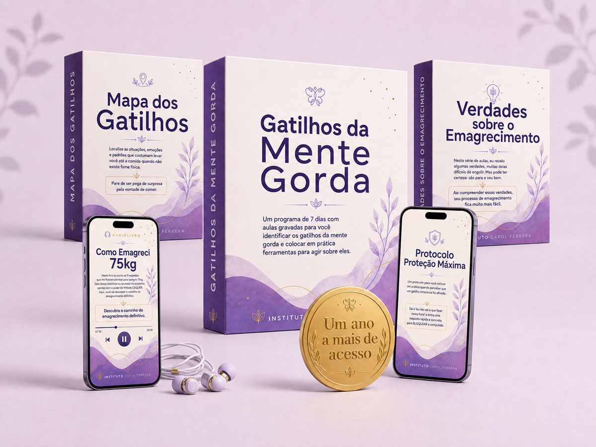 Combo completo do programa Gatilhos da Mente Gorda em notebook, tablet, celular e ebook