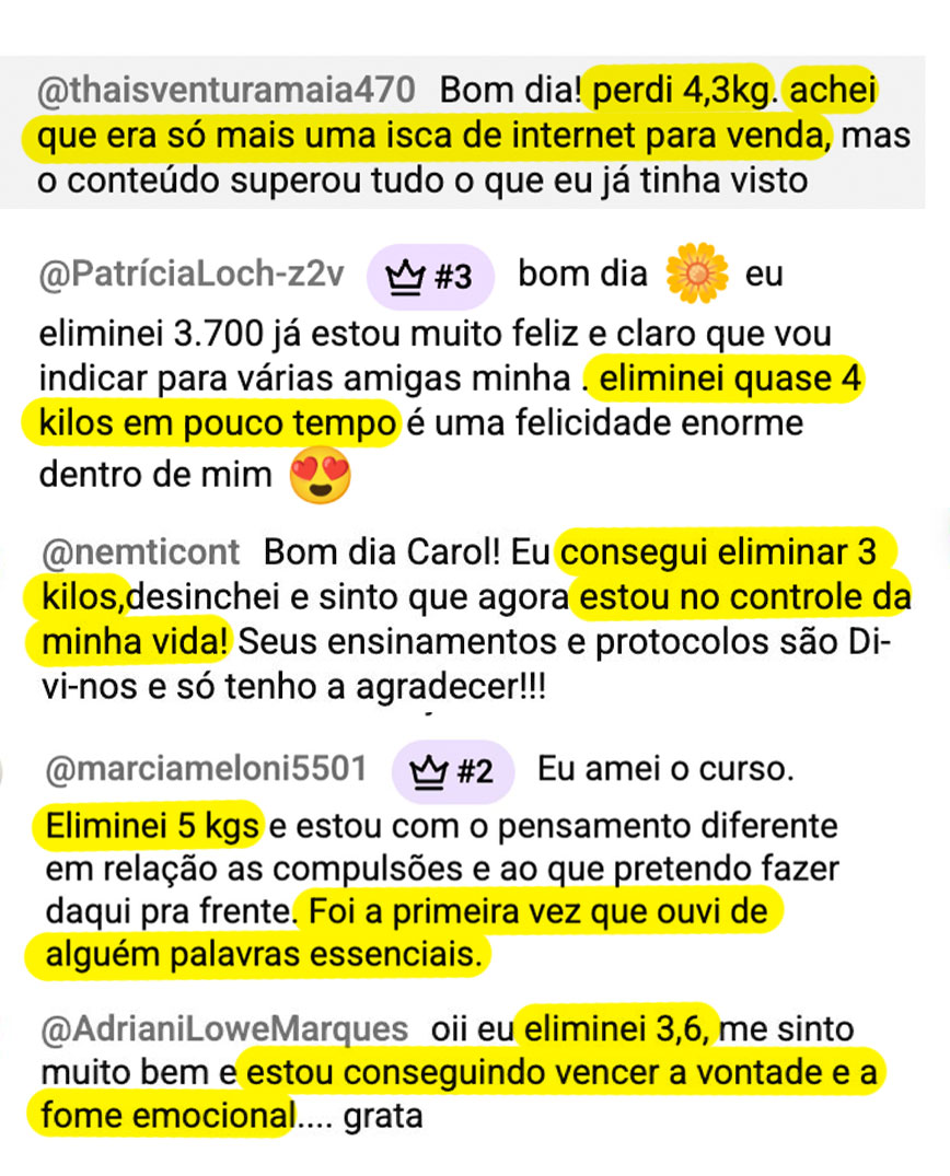 Depoimentos de alunas do programa Gatilhos da Mente Gorda